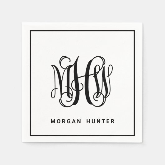 Black 3 Initiaal Vine Script Monogram DIY BG Servet (Voorkant)