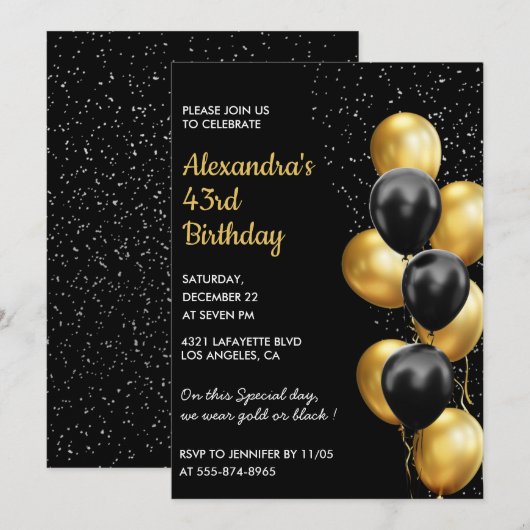 Black 43e anniversaire invitations Gold Parties sc (Devant / Derrière)