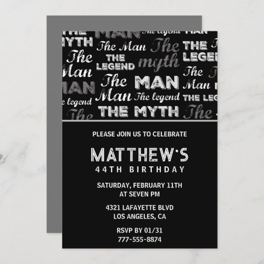 Black 44e anniversaire invitation pour lui Myth Le (Devant / Derrière)