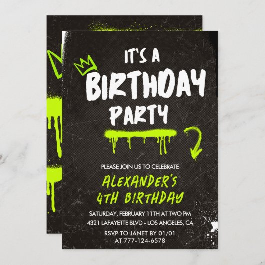 Black 4 anniversaire invitations garçon Graffiti P (Devant / Derrière)