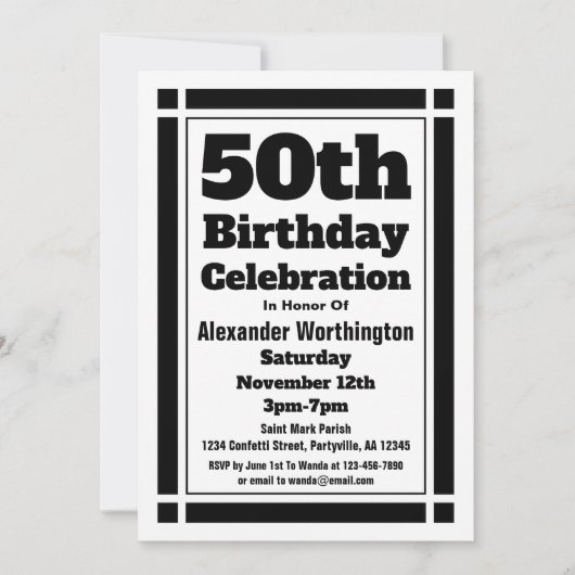 Black 50th Birthday Invitation Kaart (Voorkant)