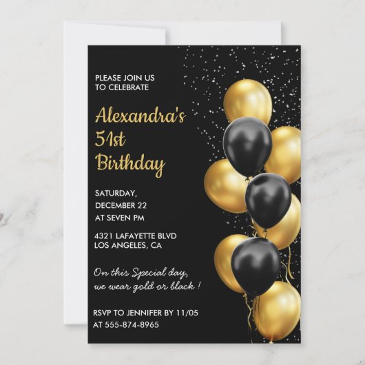 Black 51e anniversaire invitations Gold Parties sc (Devant)