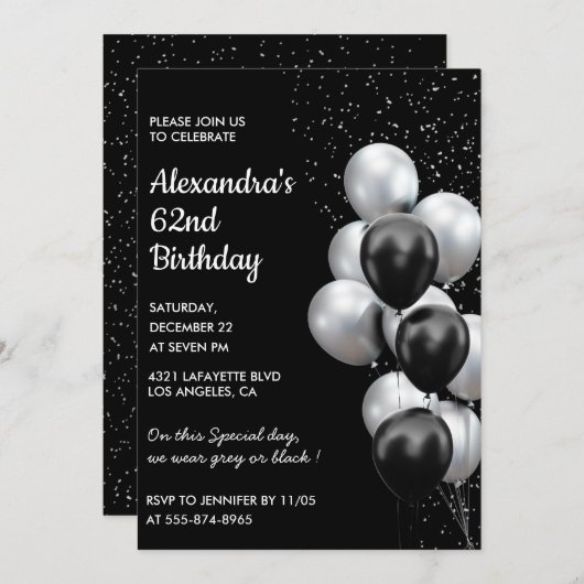 Black 62e anniversaire invitations Ballons Argent (Devant / Derrière)