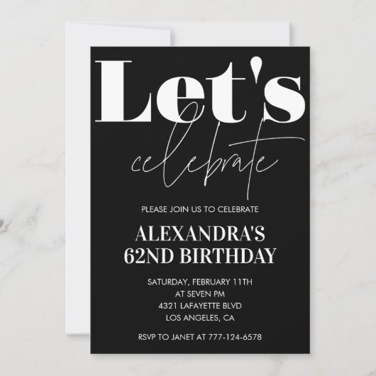 Black 62e anniversaire invitations Bold Typographi (Devant)