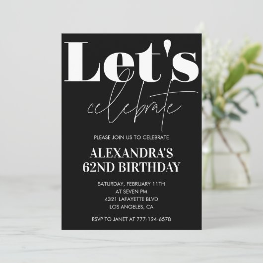 Black 62e anniversaire invitations Bold Typographi (Debout devant)