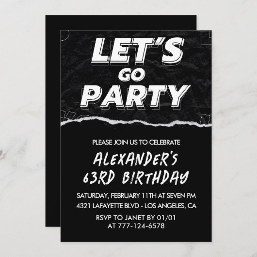 Black 63e anniversaire invitations Hommes Blanc (Devant / Derrière)