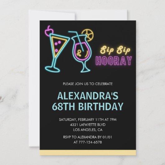 Black 68e anniversaire invitations Cocktail Neon G (Devant)