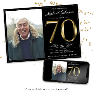 Black 70th Birthday Gold Text Classy Modern Foto Kaart