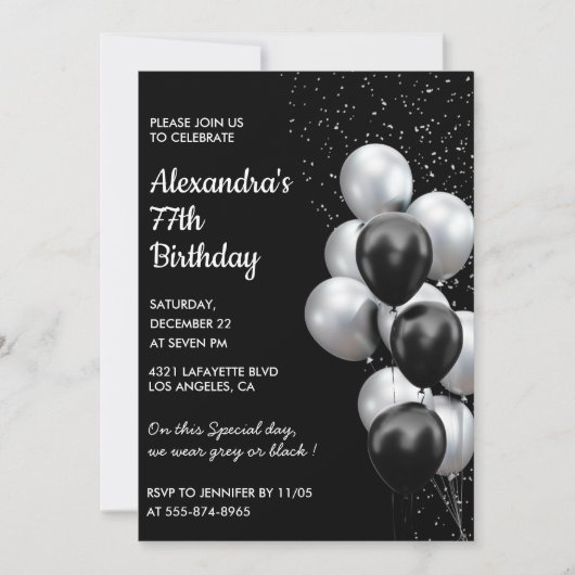Black 77e anniversaire invitations Ballons Argent (Devant)