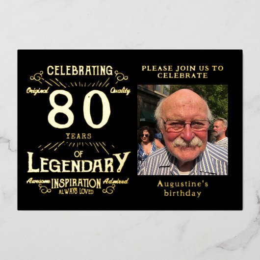 Black 80th Birthday  Gold Folie Uitnodiging (Voorkant)