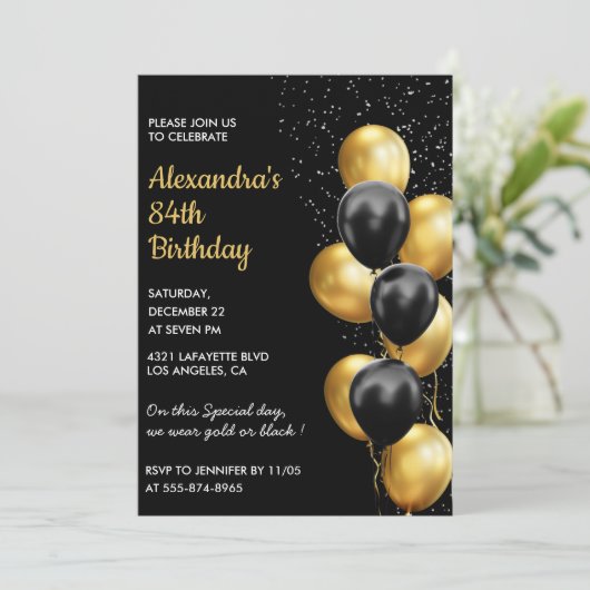 Black 84e verjaardag uitnodigingen Gold Glitter Gl (Staand voorkant)