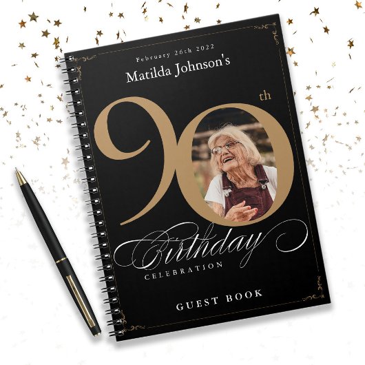 Black 90th Birthday Gold Élégant Script Livre d'or