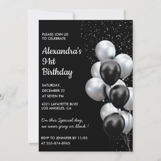 Black 91e anniversaire invitations Ballons Argent (Devant)