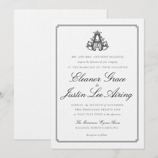 Black "A" Monogram Wedding Invitation (Devant / Derrière)