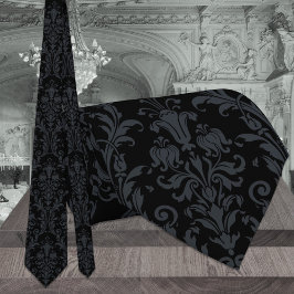 Black Acanthus Floral Damask Wedding Stropdas