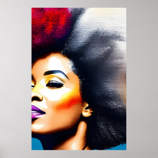 Black Afro Woman Waterverf Portret V Poster