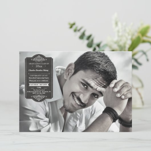 Black Afstuderen Seal Photo Afstuderen Invitation Kaart (Staand voorkant)