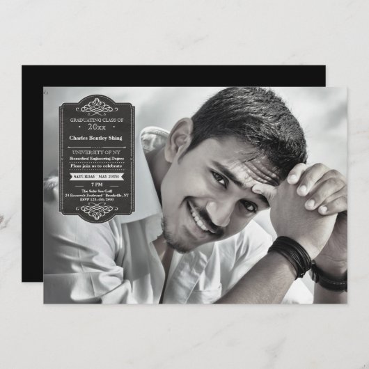 Black Afstuderen Seal Photo Afstuderen Invitation Kaart (Voorkant / Achterkant)