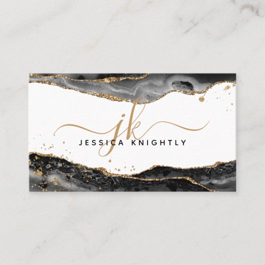 Black Agate Gold Glitter Monogram Script Visitekaartje (Voorkant)