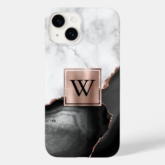 Black Agate Roos Gold White marmer monogram Case-Mate iPhone Case (Achterkant)