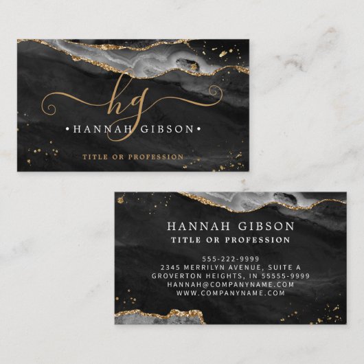 Black Agate Script Monogram Faux Gold Glitter Visitekaartje (Voorkant / Achterkant)