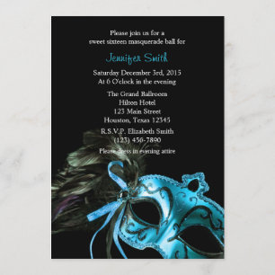 Black and Aqua Masquerade Sweet 16 Ball Invitation Kaart