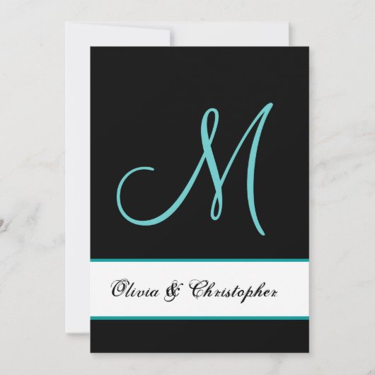 Black and Aqua Monogram Damask Wedding Kaart (Voorkant)