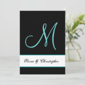 Black and Aqua Monogram Damask Wedding Kaart (Staand voorkant)