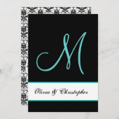 Black and Aqua Monogram Damask Wedding Kaart (Voorkant / Achterkant)