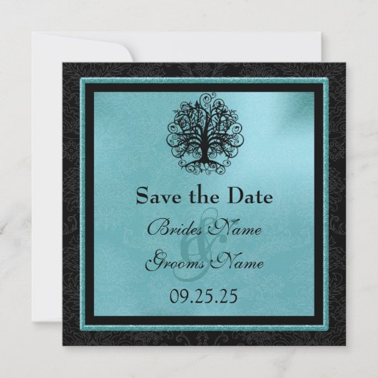 Black and Aqua Swirl Love Tree Weddenschap Save th Save The Date (Voorkant)