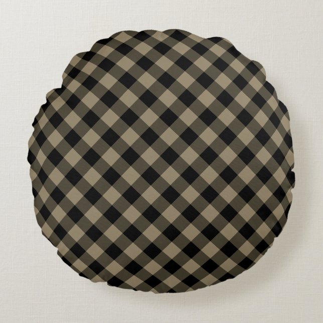 Black and Beige Round Pillow — gecontroleerd Rond Kussen (Voorkant)
