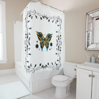 Black and Blue Butterfly Floral Art Douchegordijn