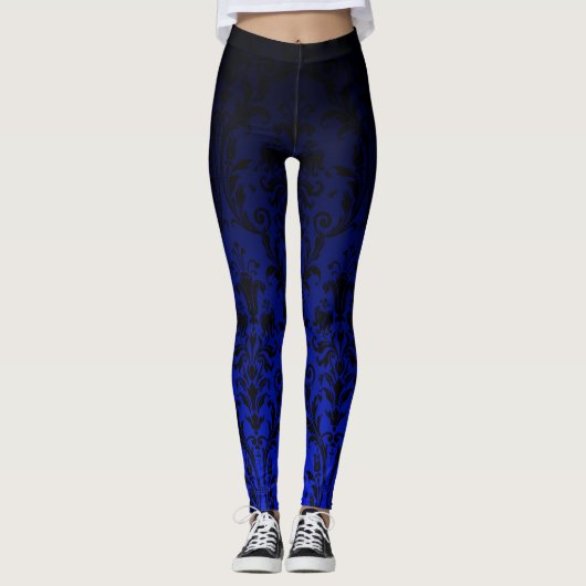 Black and Blue Ombre gradiënt Fade Floral Damask Leggings (Voorkant)