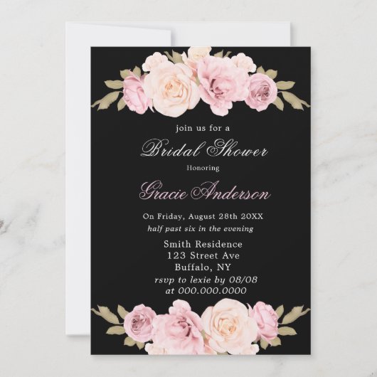 Black and Blush Pink Rose Bridal Shower Kaart (Voorkant)