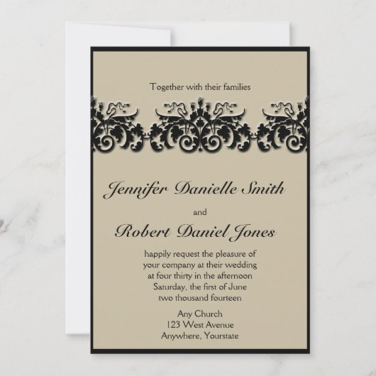 Black and Cream Floral Embossed Wedding Invitation Kaart (Voorkant)