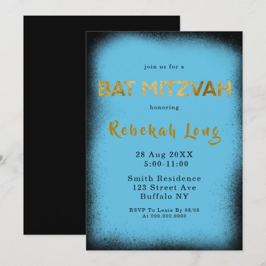 Black and Cyan Blue Smoke Bat Mitzvah Invitations (Voorkant / Achterkant)