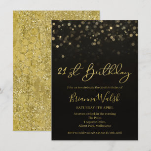 Black and Faux Gold Foil 21st Birthday Invitation Kaart
