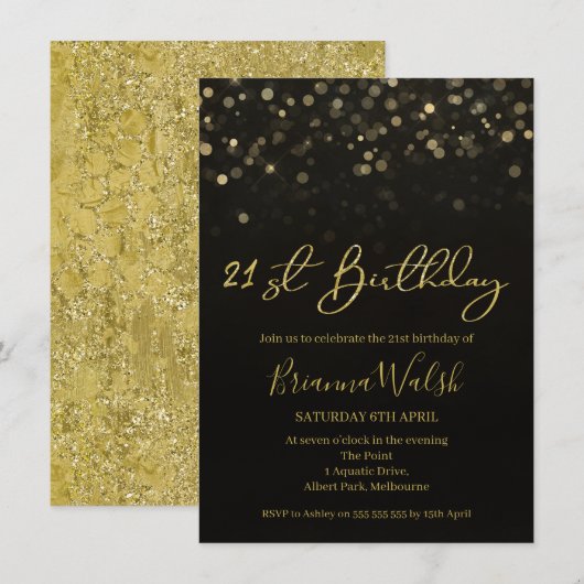 Black And Faux Gold Foil Invitation 21e anniversai (Devant / Derrière)