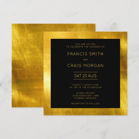 Black and Faux Gold Foil Modern Wedding Kaart (Voorkant / Achterkant)