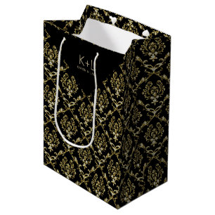 Black and Faux Gold Glitter Floral Damaskers Medium Cadeauzakje
