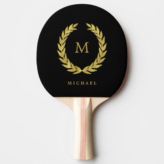 Black and Faux Gold Laurel Wreate met Monogram Tafeltennisbatje (Voorkant)