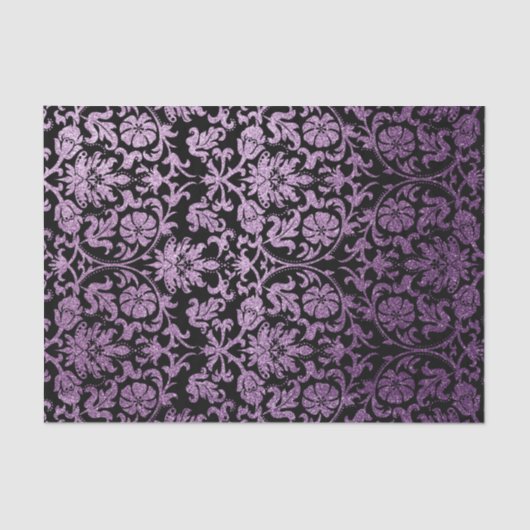 Black and Glitter Paarse Floral Damask Tissuepapier (Voorkant)