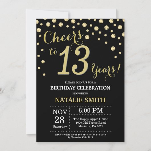 Black and Gold 13th Birthday Diamond Invitation (Devant)