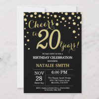 Black and Gold 20th Birthday Diamond Invitation