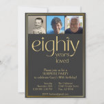 Black and Gold 80th Birthday Party Invitation<br><div class="desc">Quatre-vingt ans aimés. Elégante invitation à la fête du 80ème anniversaire en noir et or avec trois photos. Surprenez votre être cher avec une fête spéciale célébrant ses 80 ans de vie.</div>