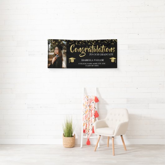 Black and Gold Afstuderen Gefeliciteerd Foto Spandoek (Insitu)