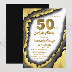 Black and Gold Agate 50th Birthday Invitations