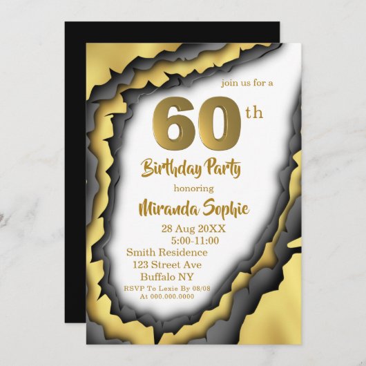 Black and Gold Agate 60th Birthday Invitations (Devant / Derrière)