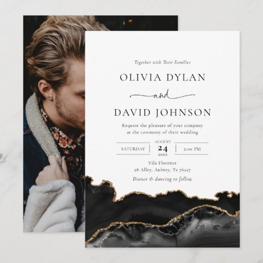 Black and Gold Agate Photo Wedding Kaart (Voorkant / Achterkant)