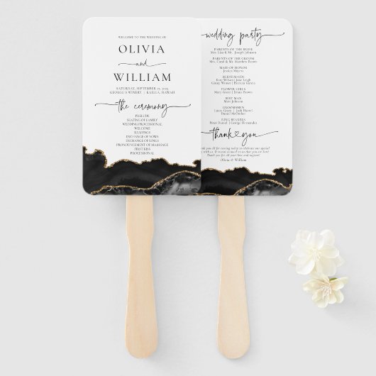 Black and Gold Agate Wedding Program Hand Fan Handwaaier (Voorkant en achterkant)